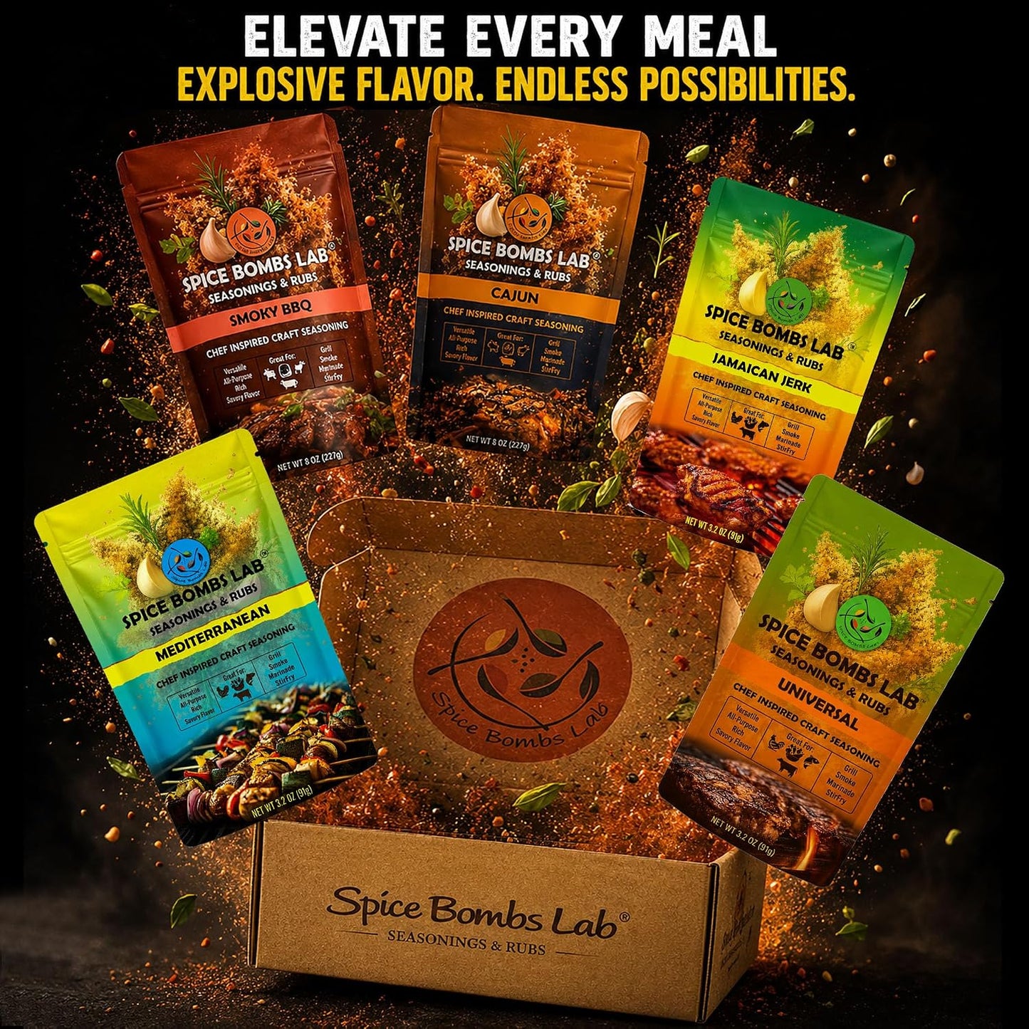 Spice Bombs Lab BBQ Seasoning & Rub Gift Set for Men, 5 Flavors + Spoon