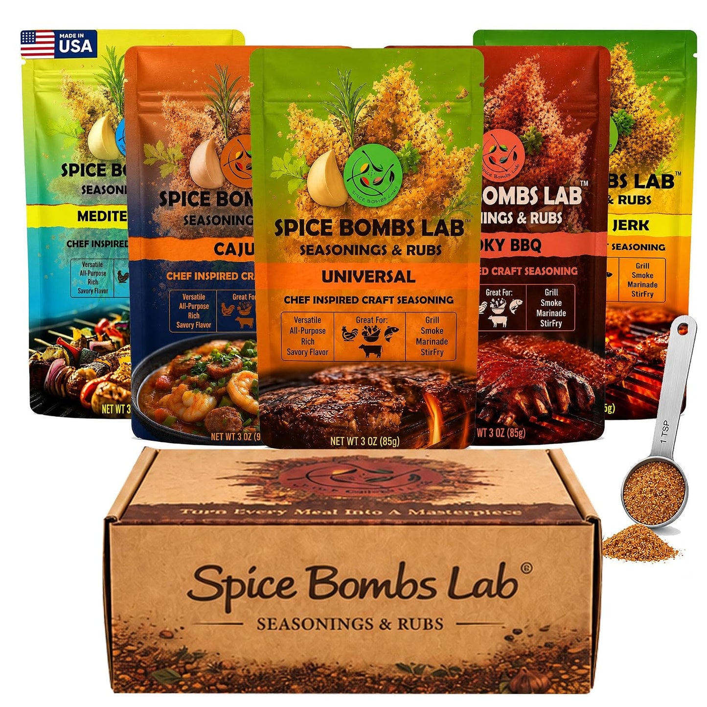 Spice Bombs Lab BBQ Seasoning & Rub Gift Set for Men, 5 Flavors + Spoon